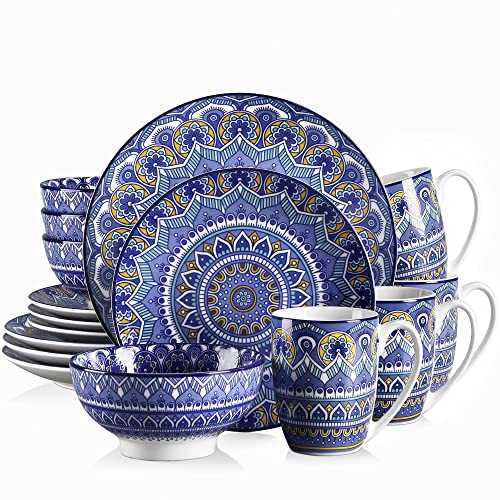 vancasso 16 Pieces Porcelain Dinner Set for 4 - Mandala Dinnerware Dish Set Artisanal Pieces with 10.5in Dinner Plate, 8in Dessert Plate, 6in Bowl and 13oz Mug, Boho Blue Tableware