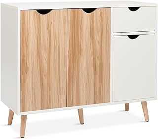Mondeer Sideboard, Cupboard Storage Cabinet with 3 Doors and 1 Drawer Modern Free Standing Wooden 90x 74x 30cm for Living Room Bedroom Kitchen, Oak and White