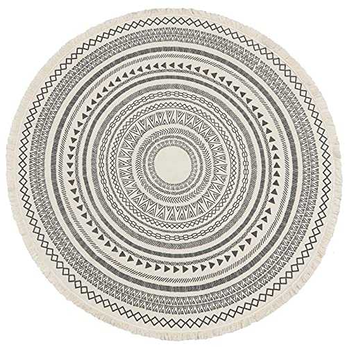 Yomshi Round Rug Bohemian 4ft Circle Area Rug Cotton Rugs with Bohemian Geometric Pattern Printed Hand Woven Circle Carpet with Tassels Fringe Indoor Floor Mat for Home Kitchen Living Room Bedroom