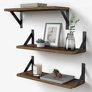 Rustic Floating Shelves Wall Mounted Set of 3, 17 Inch Natural Wood Wall Shelves, Decor Storage Shelf for Bedroom Bathroom Living Room Office Pictures Plants Books Cats TV (Rustic Brown)