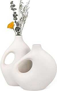 aiskding Handmade Modern White Ceramic Vase Set of 2, Nordic Minimalism Hollow Vase, Dried Flower Vase, boho Vase, Neutral Decorative Vases for Home Decor Flowers Bedroom Shelf
