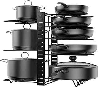 KLEVERISE 8 Tiers Pot Pan Rack Storage Organizers – Thicken Wire with Anti-Slip Silicon Dipping - Height Adjustable DIY Heavy Duty Pot Pan Holders - Space Saving Rack in Kitchen Counter and Cabinet
