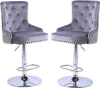 NOVECRAFTO Bar Stools Set of 2 - Featuring Adjustable Swivel Light Grey Velvet Seat And Chromed Steel Frame With Footrest Base - Breakfast Bar Chair Set With Back
