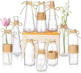 Nilos 10pcs Small Bud Glass Vases for Flowers Wedding Decorations, Mini Vintage Glass Flower Vase with Rope Design and Differing Unique Shapes for Flower Table Home Decoration