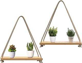 Modern Set of 2 Wooden Floating Shelves with String – Farmhouse Hanging Shelves for Living Room Wall – Bamboo Kitchen Shelves with Rope – 17”x5.2” – Natural Bamboo Color