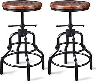 LOKKHAN Vintage Industrial Bar Stool-Rustic Swivel Bar Stool-Round Wood Metal Stool-Kitchen Counter Height Adjustable Pipe Stool-Cast Iron Stool 20-27 Inch,No Assembly Required(Set of 2)