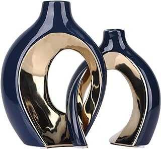 Set of 2 Ceramic Vases, Modern Bohemian Decor, Wedding, Dining Table, Banquet, Living Room, Office, Bedroom, Bathroom, Windowsill, Decorative Vase (Blue Gold)