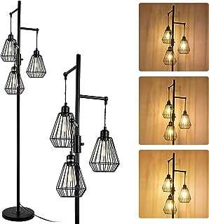 Rayofly Dimmable Industrial Floor Lamp for Living Room, Vintage 3-Lights Standing Lamps with Diamond Cage Lampshades & Dimmer, Black Metal, E27, Modern Tall Tree Floor Lamps for Bedroom, Dining Room