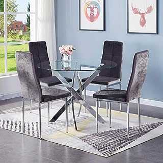 GOLDFAN Round Glass Dining Table and 4 Chairs Set Kitchen Table and High Back Velvet Chairs Set with Chrome Legs, Grey/100cm