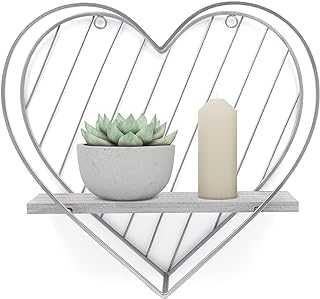 SUMGAR Floating Shelves Grey Metal Wire Wooden Heart Industrial Shelf for Wall Mounted Hanging Bathroom Bedroom Kitchen Living Room Office Toilet Storage Picture Plant Display Organiser Unit Small