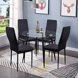 GOLDFAN Round Glass Dining Table and Chairs Set 4 High Gloss Kitchen Table with High Back PU Leather Chairs, All Black
