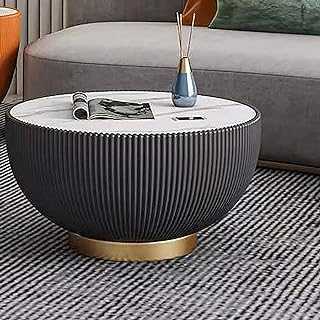 UIHECTA Modern Round Coffee Table, Luxurious Side Table, Leather Edge Sofa, Marble Pattern Table Top End Table, with Metal Base, for Home Decor Living Room,Black,73×73×37cm