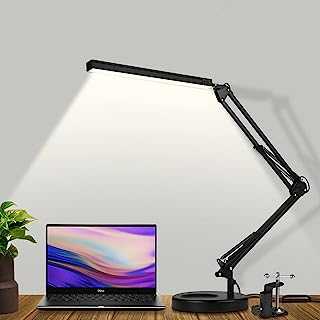 SKYLEO LED Desk Lamp with Round Base, Swing Arm Lamp with Clip, USB Charging Port, Soft Light Eye-Care, Multi-Level Adjustable Reading Lamp for Study, Office, Studios(14W, Black)