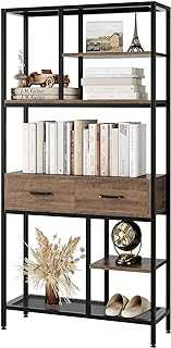HOCSOK Bookshelf Industrial, 5 Tier Bookcase with Metal Frame and Drawers, Wooden Bookcase Storage Cabinet for Home and Office