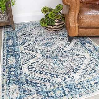 Traditional Navy Blue Aztec Rug Vintage Inspired Distressed Bohemian Living Room Area Bedroom Rugs 80cm x 150cm