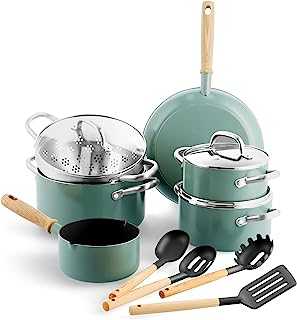 GreenPan Mayflower Healthy Ceramic Non-Stick 13-Piece Cookware Pots and Pans Set, Including Frying Pans, Saucepan, Stockpots, Lids, Strainer, Vintage Wood Handle, PFAS-Free, Induction, Smoky Blue