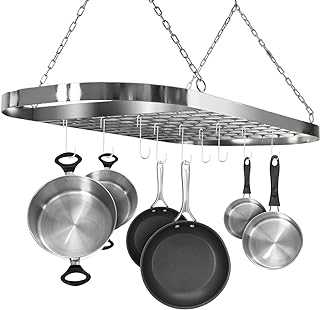 Sorbus Pot and Pan Rack for Ceiling with Hooks — Decorative Oval Mounted Storage Rack — Multi-Purpose Organizer for Home, Restaurant, Kitchen Cookware, Utensils, Books, Household (Hanging Chrome)