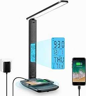 LAOPAO Desk Lamp, LED Desk Lamp with Wireless Charger, USB Charging Port, Adjustable Foldable ​Table Lamp with Clock, Alarm, Date, Temperature, 5-Level Dimmable ​Lighting​, Office Lamp with Adapter