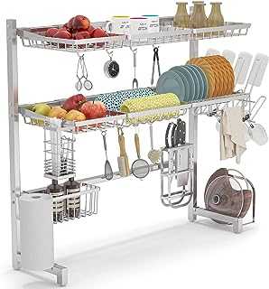 1Easylife Over The Sink Dish Drying Rack 3 Tier Stainless Steel Large Kitchen Rack Dish Drainers for Home Kitchen Counter Storage, Shelf with Utensil Holder, Above Sink Shelves (silver1)