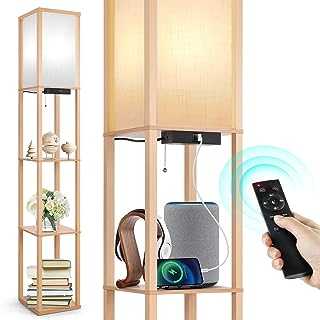 OUTON Floor Lamp Shelf with Remote Control, Dimmable & 4 Colour Temperature Adjustable, 1H Timer, LED Floor Lamp with 2 USB Ports, Floor Lamps with Lampshade for Living Room, Bedroom, Office, Wood