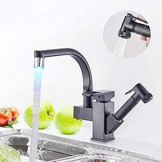 Rozin Black LED Kitchen Sink Tap with Pull Out Spray 360 Degree Swivel Spout Single Lever Brass Kitchen Mixer Tap with UK Standard Fittings