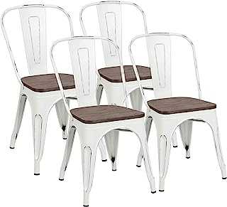 Metal Dining Chairs with Wood Seat, Distressing Tolix Style Indoor-Outdoor Stackable Industrial Chair with Back Set of 4 for Kitchen, Dining Room, Bistro and Cafe (White)