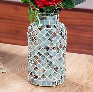 Classic Mosaic Flower Vase for Home Decor, 8”(H) Glass Handmade Table Centerpiece Container for Office, Living Room Kitchen, Wedding. (Summer Road)