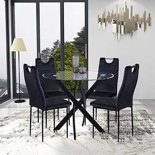GOLDFAN Round Dining Table and 4 Chairs Glass Kitchen Table Black Metal Legs and Velvet Seat Chairs Dining Table Set, 100cm, Black