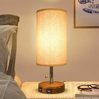 Seealle USB Bedside Table Lamp, Modern Beside Table Lamp with 2 USB Fast Charging Port, Solid Wood Unique Lampshade,Convenient Pull Chain for Bedroom Living Room Dinning Table