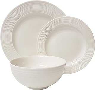 Tabletops Gallery Embossed Bone White Porcelain Round Dinnerware Collection- Chip Resistant Scratch Resistant, Contempo 12 Piece Dinnerware Set (Dinner Plate, Salad Plate, Cereal Bowl)