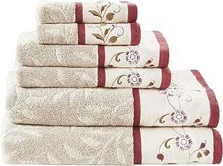 Madison Park Serene 100% Cotton Bath Towel Set Luxurious Floral Embroidered Cotton Jacquard Design, Soft and Highly Absorbent for Shower, Multi-Sizes, Red