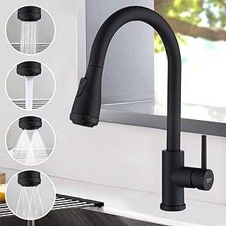 AMAZING FORCE Kitchen Taps Mixer 4 Modes Kitchen Sink Taps with Pull Out Spray Single Handle 360º Swivel Kitchen Faucet for Hot&Cold Water Modern Basin Mixer Tap for Kitchen Sink, Matte Black