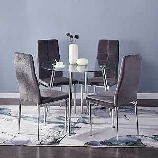 GOLDFAN Small Round Dining Table and 4 Chairs Sets Modern Glass Kitchen Table Velvet Chairs with Chrome Legs Dining Table Set,Grey