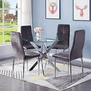 GOLDFAN Dining Table and Chairs Set 4 Modern Glass Round Kitchen Table 4 Fabric Chairs with Metal Legs,Gray