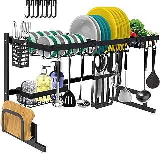 Dish Drying Rack Over The Sink , Adjustable（33.5-40.5in）Large Dish Rack Drainer for Kitchen Organization Storage Space Saver Shelf Holder with 7 Utility Hooks Dish Rack Over Sink【Fit Sink 32"- 39" L】