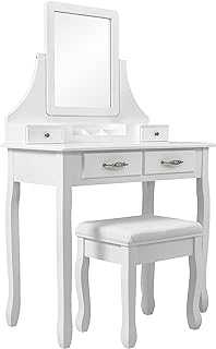 Meerveil Dressing Table Set, Vanity Table with 4 Drawers and Stool, 360° Rotatable Mirror for Bedroom 80 x 40 x 139, White