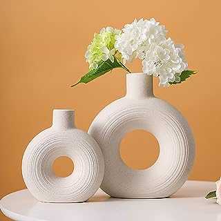 DACOSTIC Ceramic Donut Hollow Vase Set of 2 for Home Decor, White Modern Nordic Boho Vases Minimalist Decorative Vase for Table Centerpiece Décor Living Room Wedding Dining Office Decoration