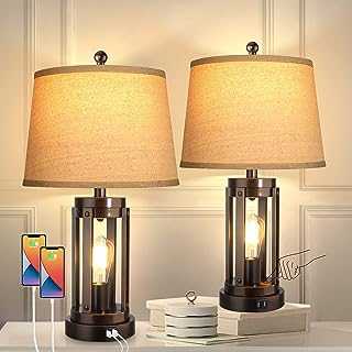 WIHTU Set of 2 Table Lamps with USB Ports, 3-Way Dimmable Farmhouse Touch Lamps, Bedside Lamp for Bedroom with AC Outlet, Modern ORB Nightstand Lamps Desk Lamp for Living Room Reading, Bulbs Included
