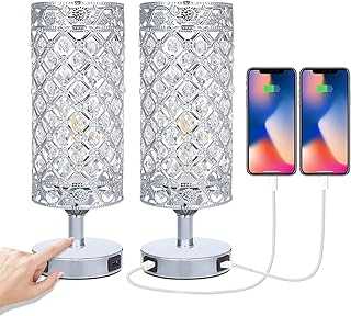 Touch Crystal Bedside Table Lamps Set of 2 with USB Charging Port 3-Way Dimmable Modern Silver Table Lamp E27 Base for Bedroom (12W Bulb Included)