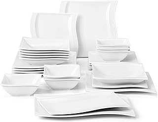 MALACASA Dinner Sets, 26-Piece Ivory White Porcelain Plates and Bowls Set with 6-Piece Dinner Plate/Soup Plate/Side Plate/Bowl and 2 Serving Platters, Square Dinnerware Set Service for 6, Series Flora
