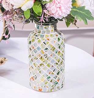 Classic Mosaic Flower Vase for Home Decor, 8”(H) Glass Handmade Table Centerpiece Container for Office, Living Room Kitchen, Wedding. (Green Day)