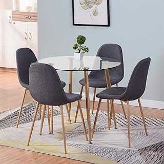 GOLDFAN Round Glass Dining Table and 4 Chairs Wood Style Kitchen Table and Fabric Chairs Dining Room Set, 90cm, Grey