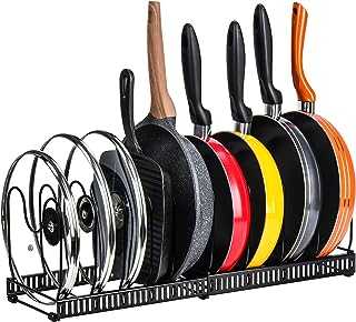 toplife Expandable Pans Organiser Rack, 10 Adjustable Compartments, Pantry Cabinet Bakeware Lid Plate Holders, Black