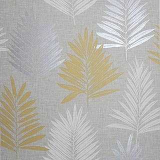 Arthouse Linen Palm Ochre Grey Wallpaper - Chic Leaf - Linen Effect Neutral Background - Textured - Contemporary & Stylist - Feature Wall or Every Wall - 697800