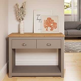 Timber Art Design UK Lisbon Console Hall Way Table with 2 Drawers Rustic Retro Style Hallway Living Room, Bedroom, Office, Home Furniture Wood Effect Worktop, Light Grey, H75cm x W100cm x D35cm