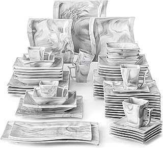 MALACASA Plates and Bowls Set, 56-Piece Dinner Sets with Marble Grey Porcelain 12Pcs Dinner Plate/Soup Plate/Dessert Plate, 6Pcs Cups/Saucers/Bowls and 2 Serving Platters, Series Flora