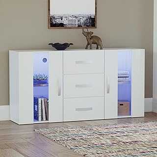 Vida Designs Astro 2 Door 3 Drawer Modern LED Sideboard in White, RGB Lights (Fade/Strobe Options Included), Wooden Matte Style with High Gloss Features