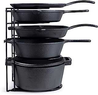Heavy Duty Pan Rack Organiser - Black - Extra Large 15" / 39cm 5-Tier Kitchen Storage Organizer - Holds 60-LBS / 27 KG of Cast Iron Skillets, Dutch Oven, Pots, Griddles - Durable Steel Construction