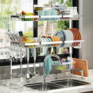 Over Sink(24"-40") Dish Drying Rack, 2 Cutlery Holders Drainer Shelf for Kitchen Supplies Storage Counter Organizer Stainless Steel Display- Kitchen Space Save Must Have (24≤Sink Size≤40inch, Silver)