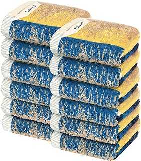 SEMAXE Towel Combed Cotton 6-Piece Towel Set, Absorbent Soft Bathroom Towel with Hanging Loop, 2 Bath Towels, 2 Hand Towels ,2 Washcloths (Yellow+White)